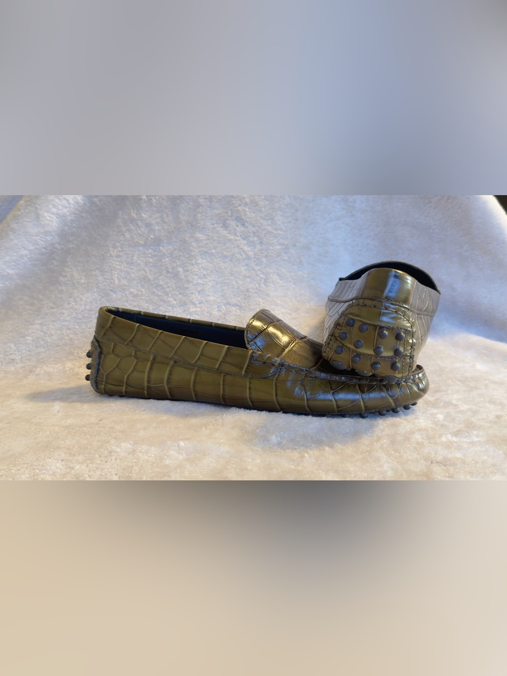 NWOT M.Gemi The Felize Olive Green Croc Leather Driving Loafers 41